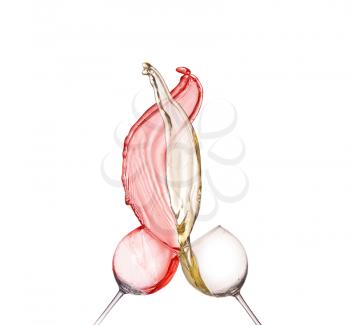 Red and white wine splashing from glass isolated on white background