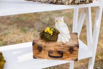 Happy outdoor Wedding Ceremony Scene for a summer mountain wedding. Wedding aisle, decorated wedding alter and flower decorations with mountains in the background. Wedding color pear