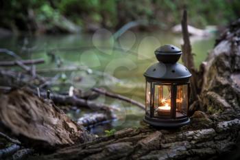 Lantern with a candle in the summer forest