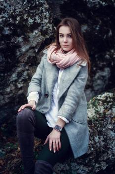 Beautiful Young Girl. Trip to the forest, to the mountains. Beautiful nature above the rocks and the sea. Crimea, Staroyalitinskaya road