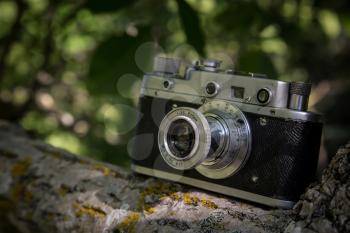 Vintage camera on grass background