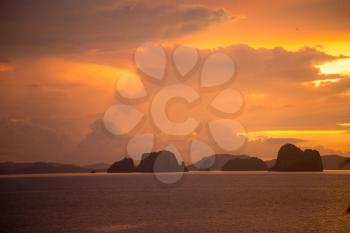 Gloomy tropical sunset,Sunset over Water and Islands,Thailand. Krabi Province, Ao Nang Beach