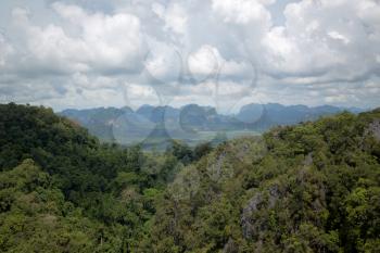 The top of Tiger Cave temple, Wat Tham Suea , Krabi region, Thailand. At the top of the mountain there is a large golden Buddha statue which is a popular tourist attraction.