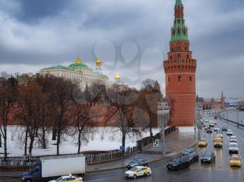 The Moscow Kremlin, the Kremlin Embankment and the Moskva River on a winter day in Moscow, Russia. Architecture and sightseeing