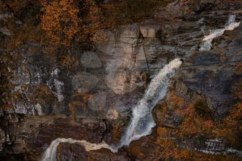 River deep in mountain forest. Nature composition. Mendelich River in the North Caucasus, Rosa Khutor, Russia, Sochi. beautiful cascading waterfall in the autumn forest, fog and rain.