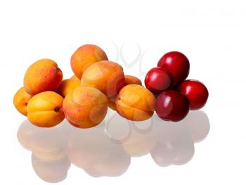 Fresh apricots and plums isolated on the white background. concept of fresh fruits and organic products