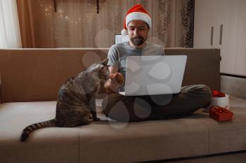 A hipster man with grey cat sitting on a sofa at home at Christmas time. Virtual Christmas house party. Online team meeting video conference calling from home. Man wearing Santa hat