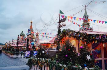 Moscow, Russia, 10 January 2020 : Celebration of the New Year and Christmas on the Red Square in the center of Moscow. Holiday fair and amusement park near the Kremlin.