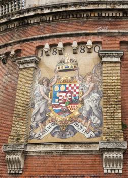 Detail of wall painting of coat of arms of Hungarian Kingdom in Buda, Budapest, Hungary