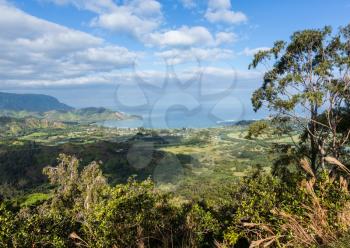 View over Hanalei bay and Na Pali range from Okolehao Trail near Hanalei, Kauai, Hawaii