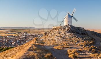 Preserved historic windmills on hilltop above Consuegra in Castilla-La Mancha, Spain