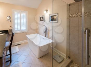 Interior of modern bathroom with standalone tub bath and walk in double tiled shower with rain head