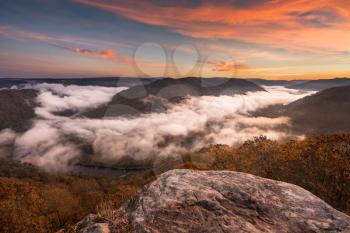 Panorama of New River at Grand View in New River Gorge National park at sunrise in West Virginia