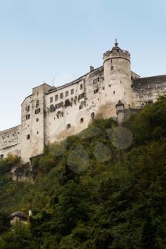 View up the steep mountain to Hohensalzburg Castle, Salzburg, Austria