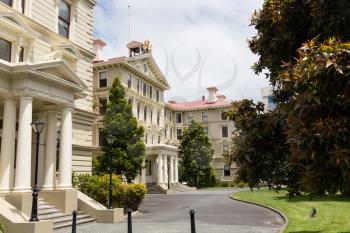 Old New Zealand Parliament Government buildings constructed from wood made to look like stone in 1876 in Wellington