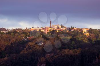 Rising sun illuminates town of Katoomba from Sublime Point overlooking the majestic Blue Mountains near Sydney NSW Australia