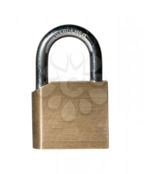 Close shot of a solid brass padlock with hardened hasp with path and isolated against white background