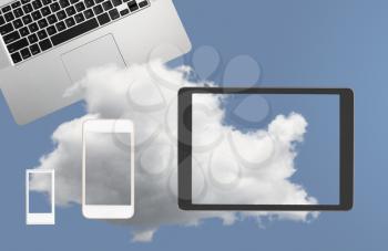 Concept image for cloud computing and online applications showing modern smartphone held in male hand up to sky