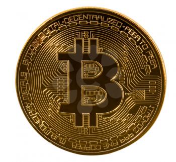 Single macro bitcoin or bit coin isolated against white background to illustrate blockchain and cyber currency
