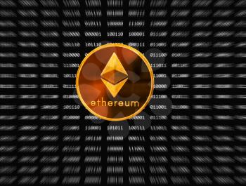 Single gold ether or ethereum icon superimposed on zooming out black digital bit background