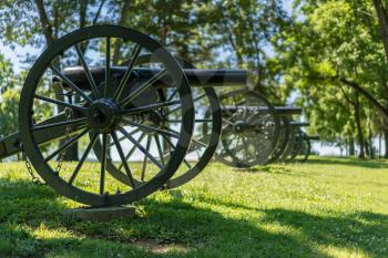 Focus on first muzzle of civil war cannons at Harpers Ferry in West Virginia