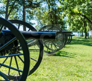 Focus on first muzzle of civil war cannons at Harpers Ferry in West Virginia