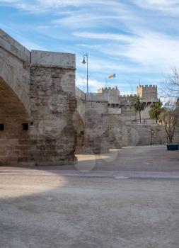 Dry riverbed under stone bridge in old city of Valencia on coast of Spain