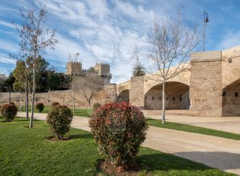 Dry riverbed under stone bridge in old city of Valencia on coast of Spain