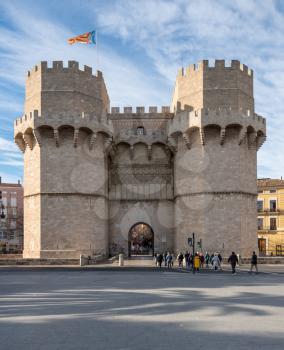 City Gate between two towers in old city of Valencia on coast of Spain