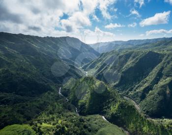 Aerial view of landscape of hawaiian island of Kauai from helicopter flight