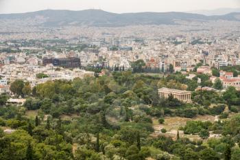 Aerial view of Temple of Hephaestus in Greek Agora and broader city of Athens taken from the Acropolis