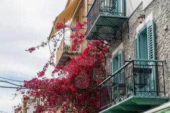 Red flowers on balconies above narrow streets in the old town in the city of Nafplio in Greece