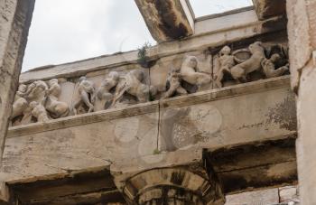 Detail of the columns and carving on Temple of Hephaestus in Greek Agora Athens