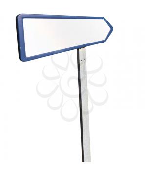 Blank cutout road sign with pointer taken in perspective and isolated against white background