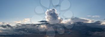 High resolution panoramic cloudscape of stormy clouds at sunset or dusk