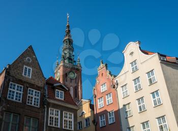 Clock tower of the restored Old Main Town Hall on Long Lane in Gdansk Poland