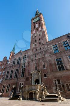 Front elevation of the restored Old Main Town Hall on Long Lane in Gdansk Poland