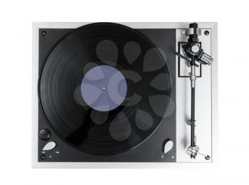 Aerial view top down onto a vinyl record on vintage hi-fi stereo disc turntable isolated against white background
