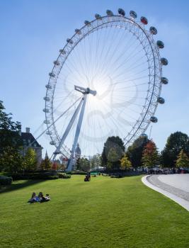 LONDON, UK - OCTOBER 1, 2015: London Eye or Coca Cola Eye on South Bank of River Thames in London England