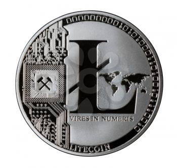 Isolated silver Litecoin coin. This is a form of a blockchain cyber currency similar to Bitcoin
