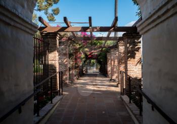 View down paved pathway under flowering pergola to entrance gate of garden