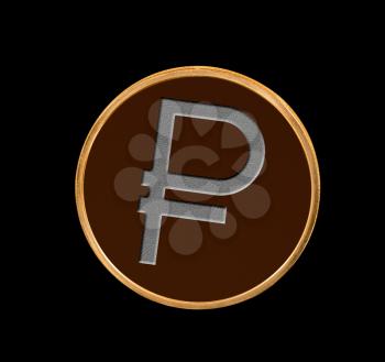 Illustration of Ruble coin on black background to illustrate blockchain and cyber currency