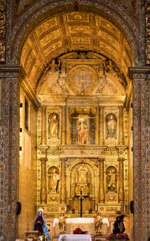 FUNCHAL, MADIERA - MARCH 12, 2018: Ornate altar and carvings inside cathedral in Funchal on island of Madiera
