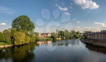Panorama of river Severn from English Bridge in Shrewsbury Shropshire with retirement apartments in background