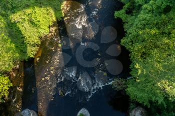 View of River Dee from top of old Pontcysyllte Aqueduct near Chirk carrying Llangollen Canal across river Dee