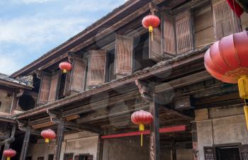 Traditional chinese lanterns decorate Tulou at Unesco heritage site near Xiamen