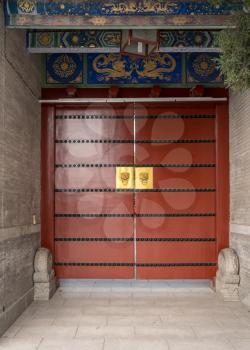 Solid wooden door at entrance to Big Wild Goose Pagoda in Xi'an, China