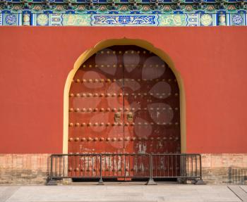 Temple of Heaven closed red entrance doorway and arch in Beijing, China