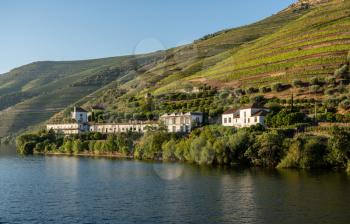 Whitewashed old Quinta or vineyard building on the banks of the River Douro in Portugal near Pinhao