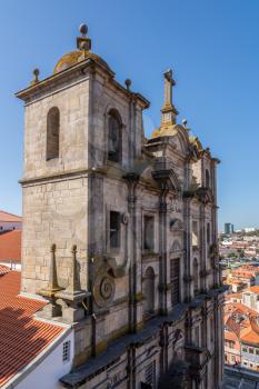Front entrance of Sao Lourenco church over downtown Porto in Portugal